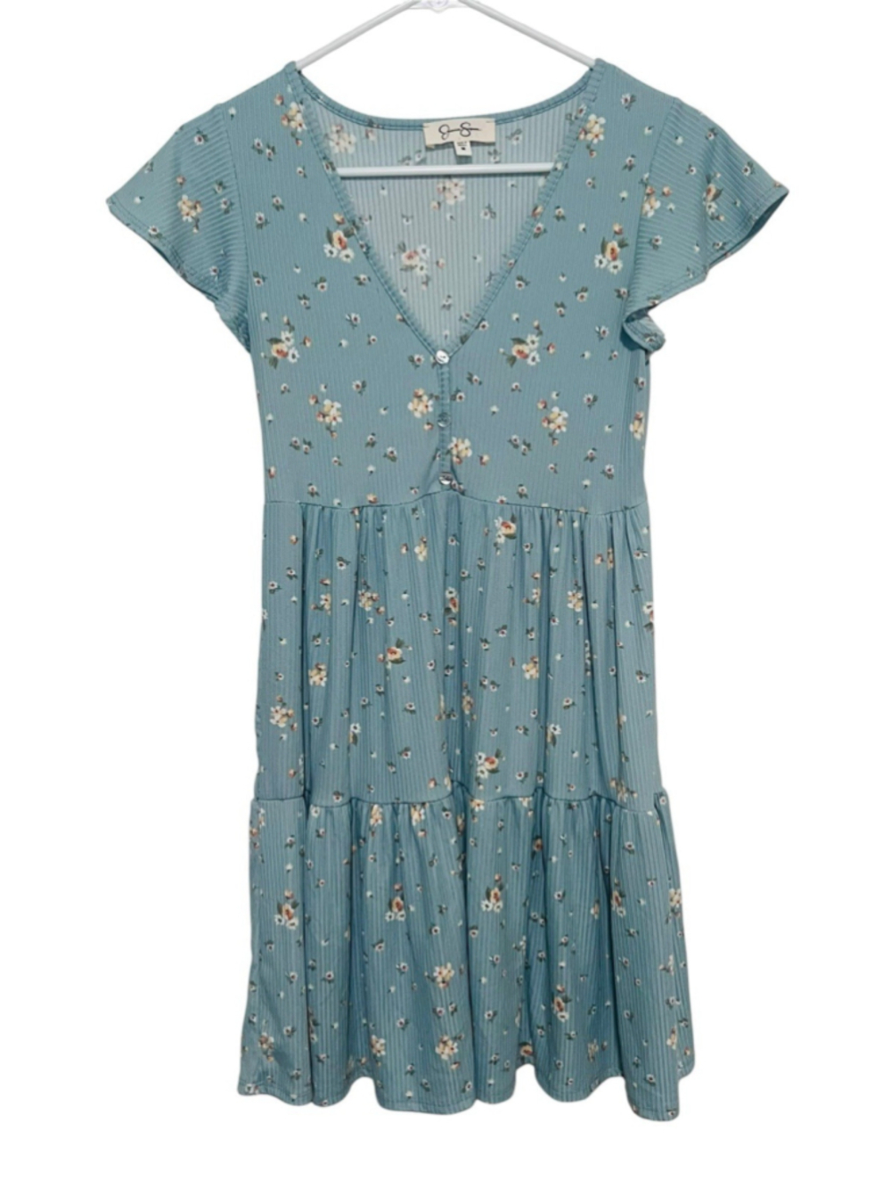 Jessica Simpson Ditsy Floral Dress Medium Green Tiered Babydoll Boho Peasant